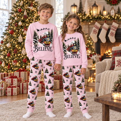 Personalized Believe Christmas Train Pajama Set – Blush Pink