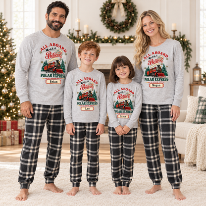 Personalized All Aboard Polar Express Christmas Pajama Set – Light Gray Plaid
