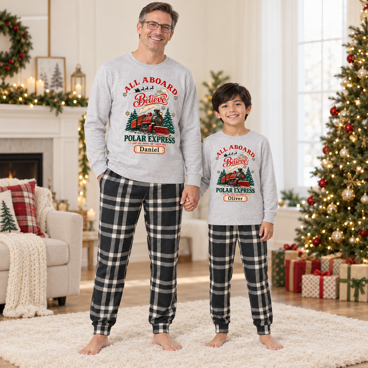 Personalized All Aboard Polar Express Christmas Pajama Set – Light Gray Plaid