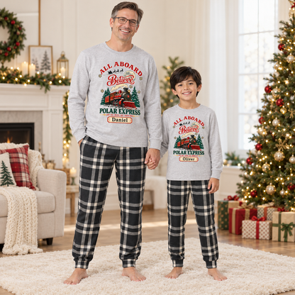 Personalized All Aboard Polar Express Christmas Pajama Set – Light Gray Plaid