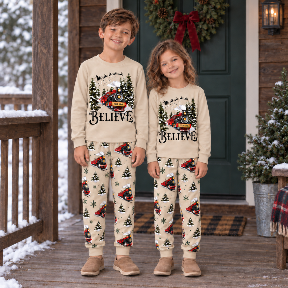 Personalized Believe Christmas Train Family Pajamas – Sand Beige