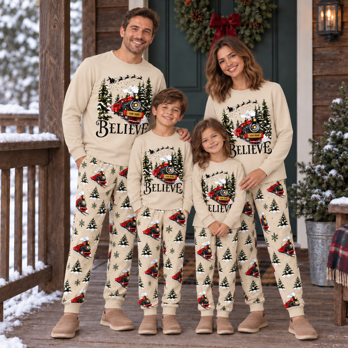 Personalized Believe Christmas Train Family Pajamas – Sand Beige