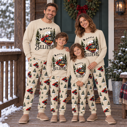 Personalized Believe Christmas Train Family Pajamas – Sand Beige