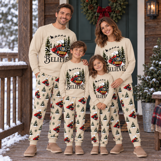 Personalized Believe Christmas Train Family Pajamas – Sand Beige