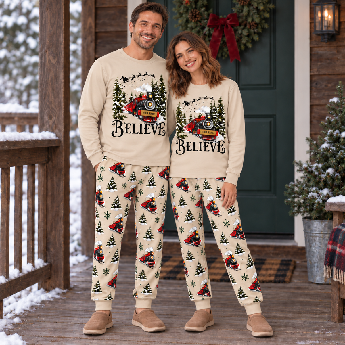 Personalized Believe Christmas Train Family Pajamas – Sand Beige