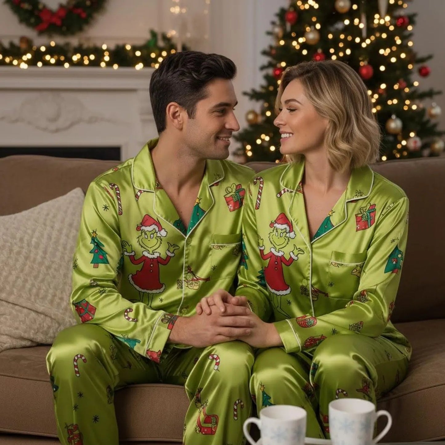 Green Holiday Family Satin Pajama Set – Funny Matching Christmas Sleepwear for Parents and Kids