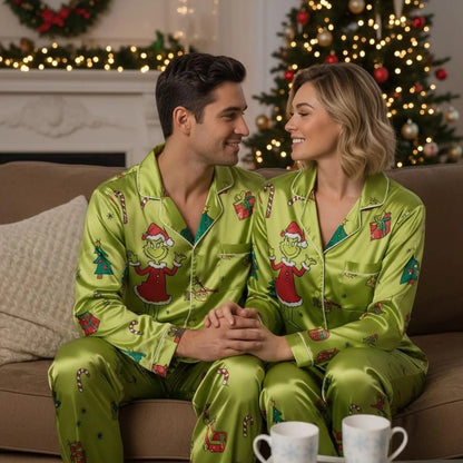 Green Holiday Family Satin Pajama Set – Funny Matching Christmas Sleepwear for Parents and Kids