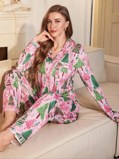 Christmas Tree Print Pajama Set for Women – Cozy Long Sleeve Holiday Sleepwear