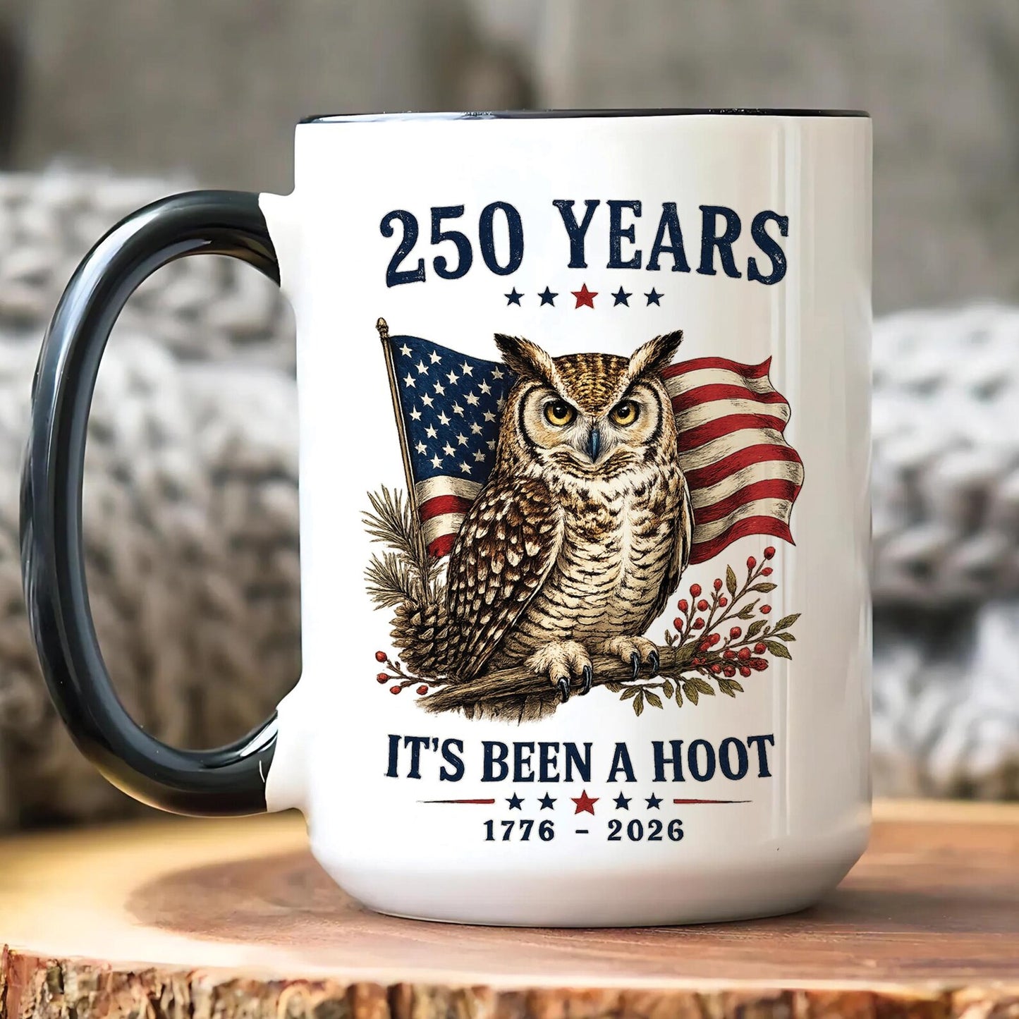 Proud American Patriotic Owl Mug - Personalized USA 250th Anniversary Commemorative Coffee Cup