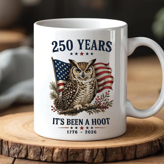 Proud American Patriotic Owl Mug - Personalized USA 250th Anniversary Commemorative Coffee Cup