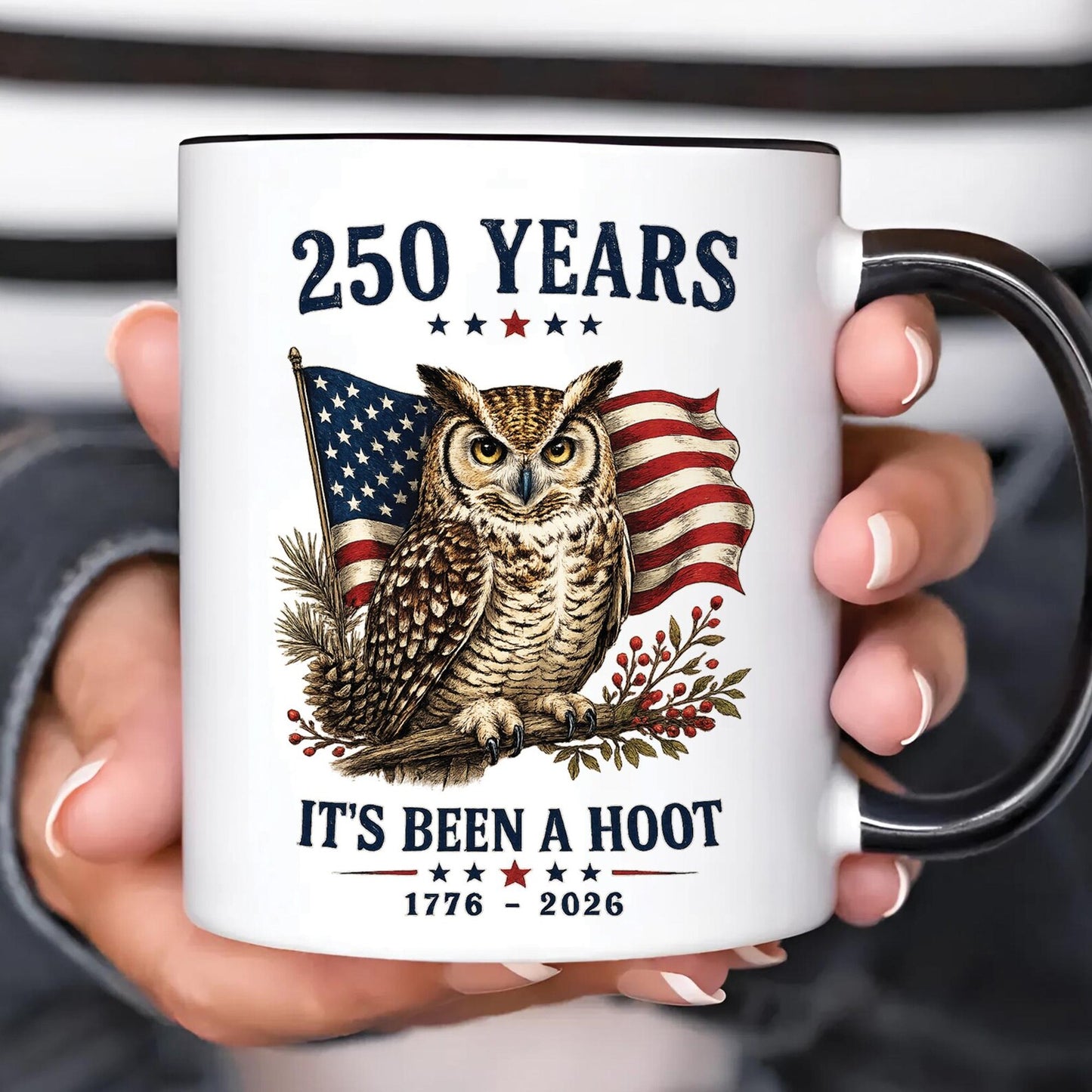 Proud American Patriotic Owl Mug - Personalized USA 250th Anniversary Commemorative Coffee Cup