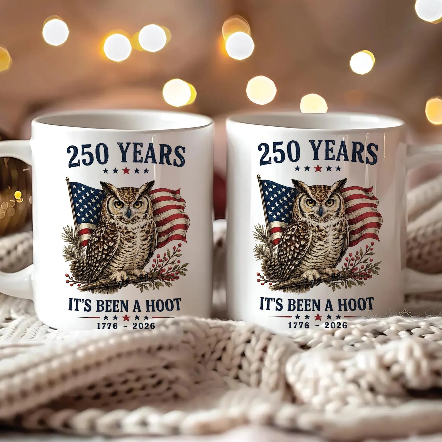 Proud American Patriotic Owl Mug - Personalized USA 250th Anniversary Commemorative Coffee Cup