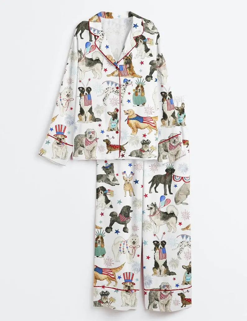 American Dogs Patriotic Satin Pajama Set – 1776-2026 Women's Long Sleeve Independence Day Sleepwear