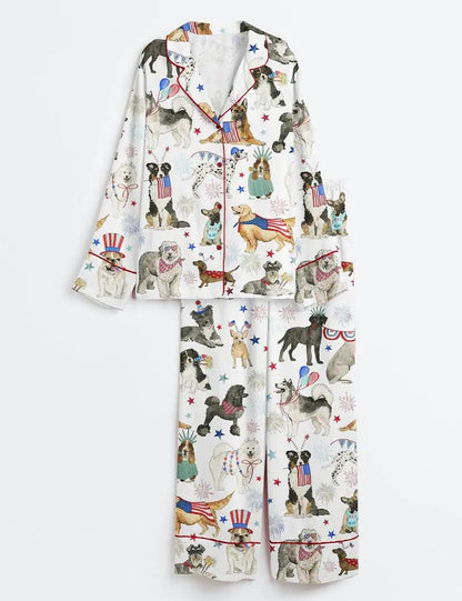 American Dogs Patriotic Satin Pajama Set – 1776-2026 Women's Long Sleeve Independence Day Sleepwear