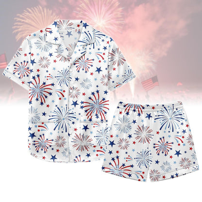 USA 250th Anniversary Casual Satin Pajamas – 4th of July 2026 Patriotic Fireworks Matching PJs