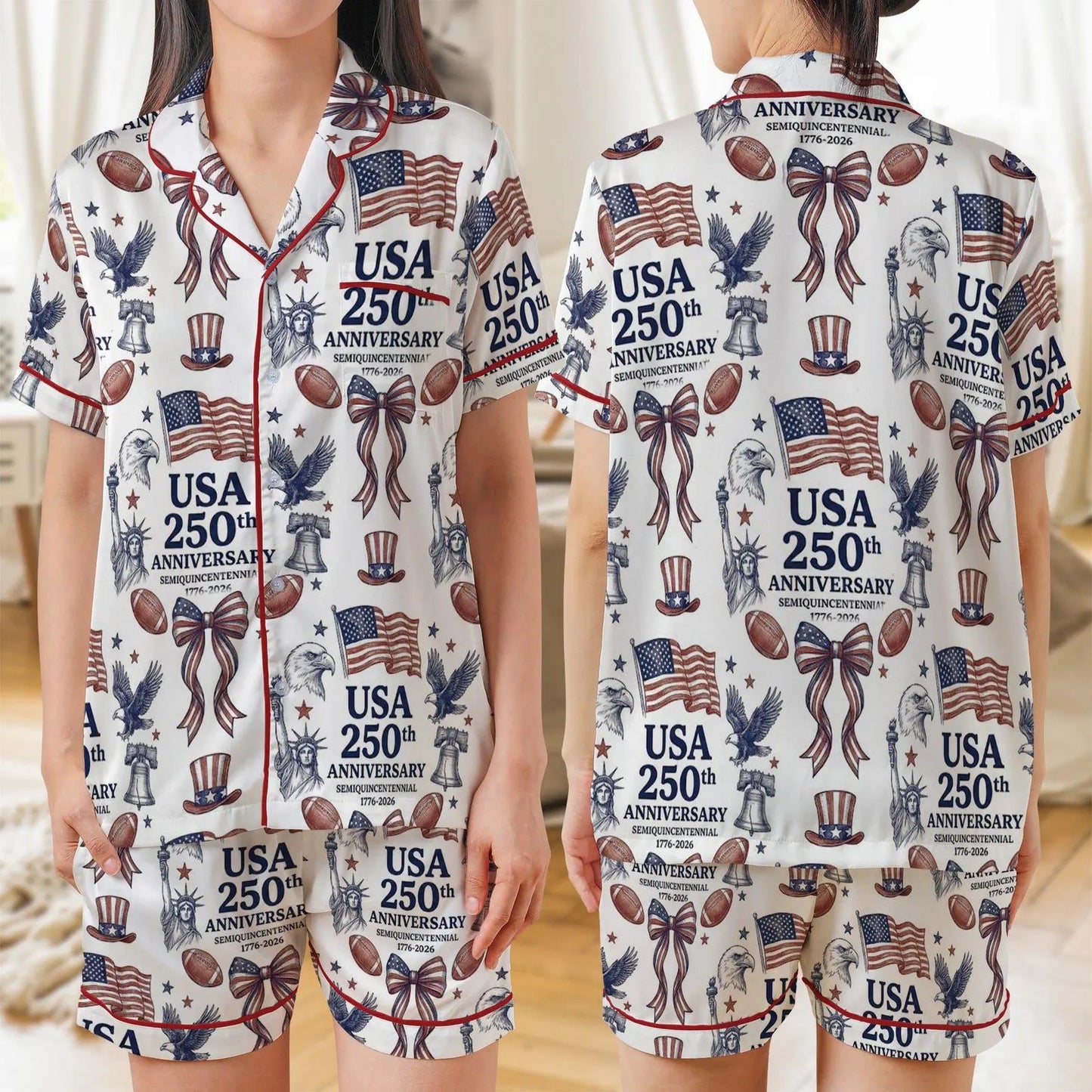 USA 250th Anniversary Semiquincentennial Pajama Set – 1776-2026 Historic Satin Sleepwear