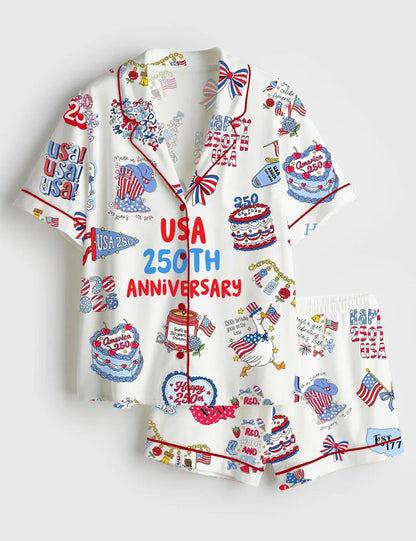 The USA 250th Anniversary Patriotic Satin Pajamas – America 250 Birthday Gift for Her