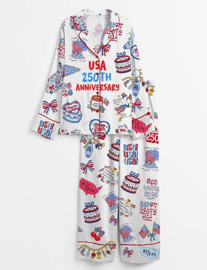 The USA 250th Anniversary Patriotic Satin Pajamas – America 250 Birthday Gift for Her