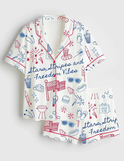 Stars, Stripes & Freedom Vibes Satin Pajama Set – Women’s 4th of July Patriotic America Print PJs – Premium Short Sleeve Sleepwear Gift