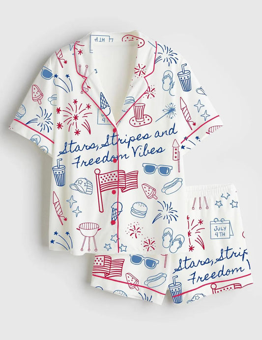Stars, Stripes & Freedom Vibes Satin Pajama Set – Women’s 4th of July Patriotic America Print PJs – Premium Short Sleeve Sleepwear Gift