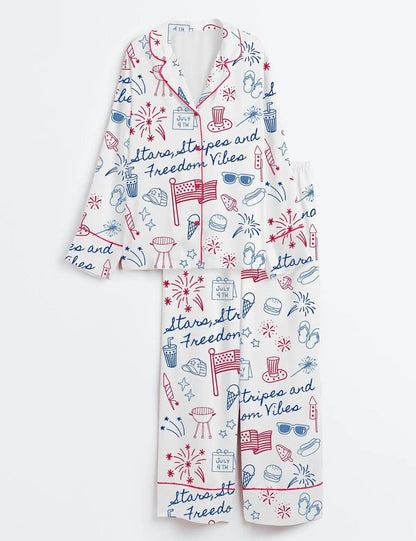 Stars, Stripes & Freedom Vibes Satin Pajama Set – Women’s 4th of July Patriotic America Print PJs – Premium Short Sleeve Sleepwear Gift