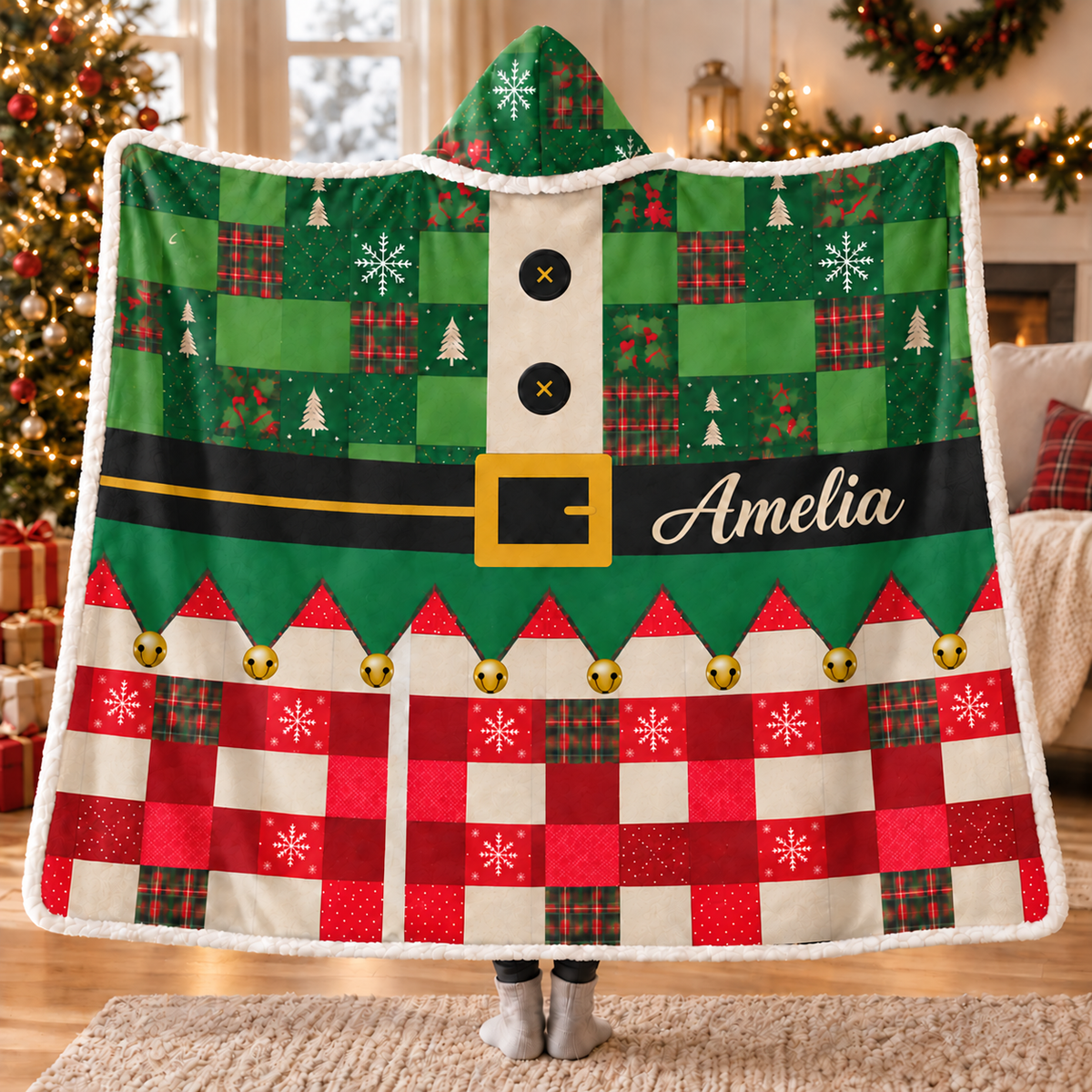 Personalized Christmas Elf Suit Patchwork Hooded Blanket