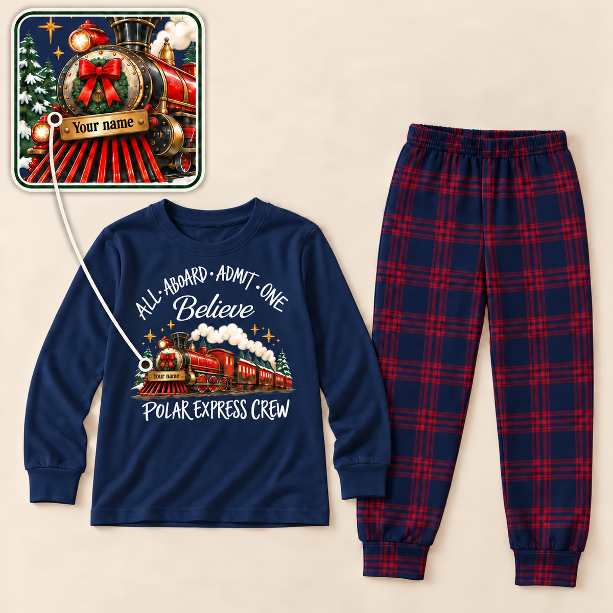 Personalized Polar Express Crew Christmas Pajama Set – Navy Plaid