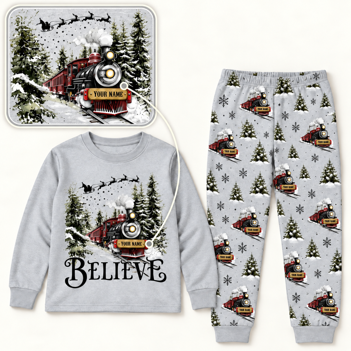 Personalized Believe Christmas Train Pajama Set – Light Gray
