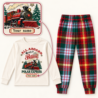 Personalized “All Aboard Believe” Christmas Train Pajama Set