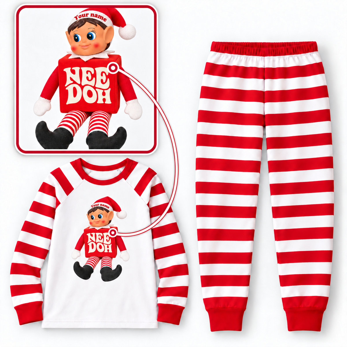 Personalized Christmas NeeDoh Elf Pajama Set – White