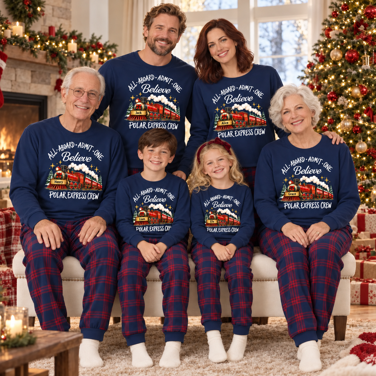 Personalized Polar Express Crew Christmas Pajama Set – Navy Plaid