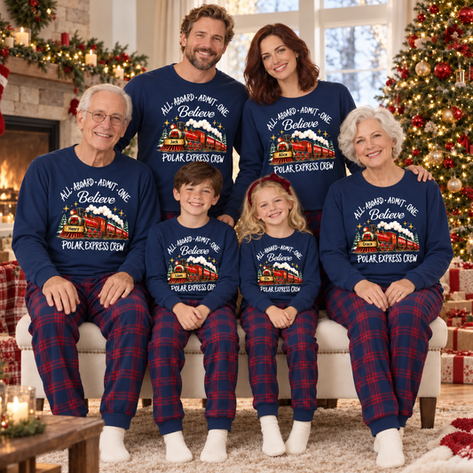 Personalized Polar Express Crew Christmas Pajama Set – Navy Plaid