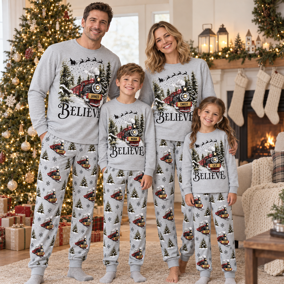 Personalized Believe Christmas Train Pajama Set – Light Gray