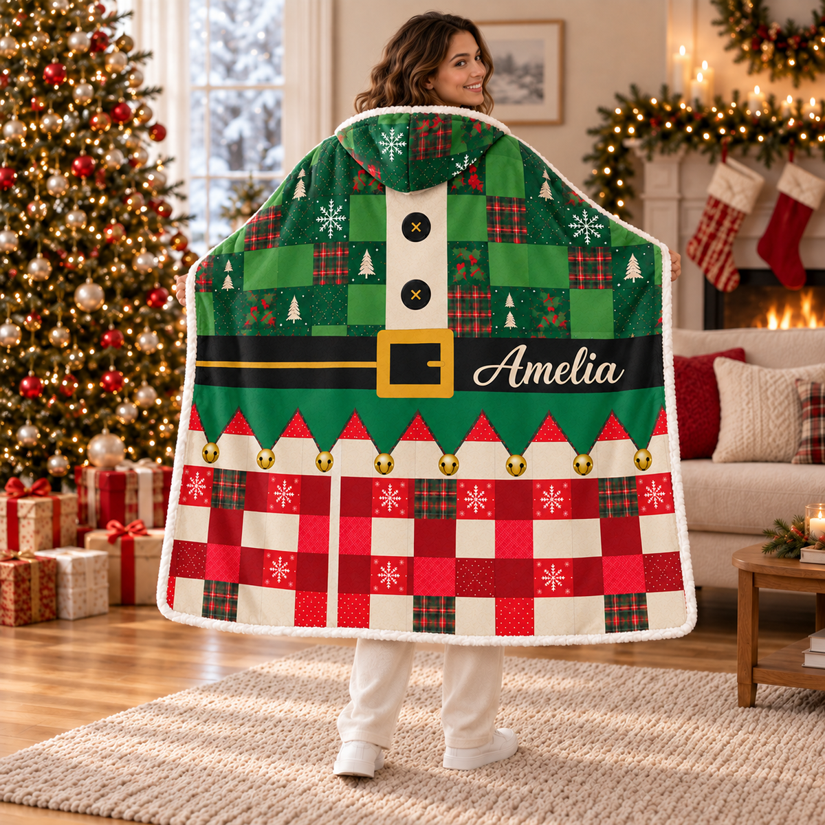Personalized Christmas Elf Suit Patchwork Hooded Blanket
