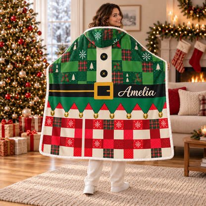 Personalized Christmas Elf Suit Patchwork Hooded Blanket