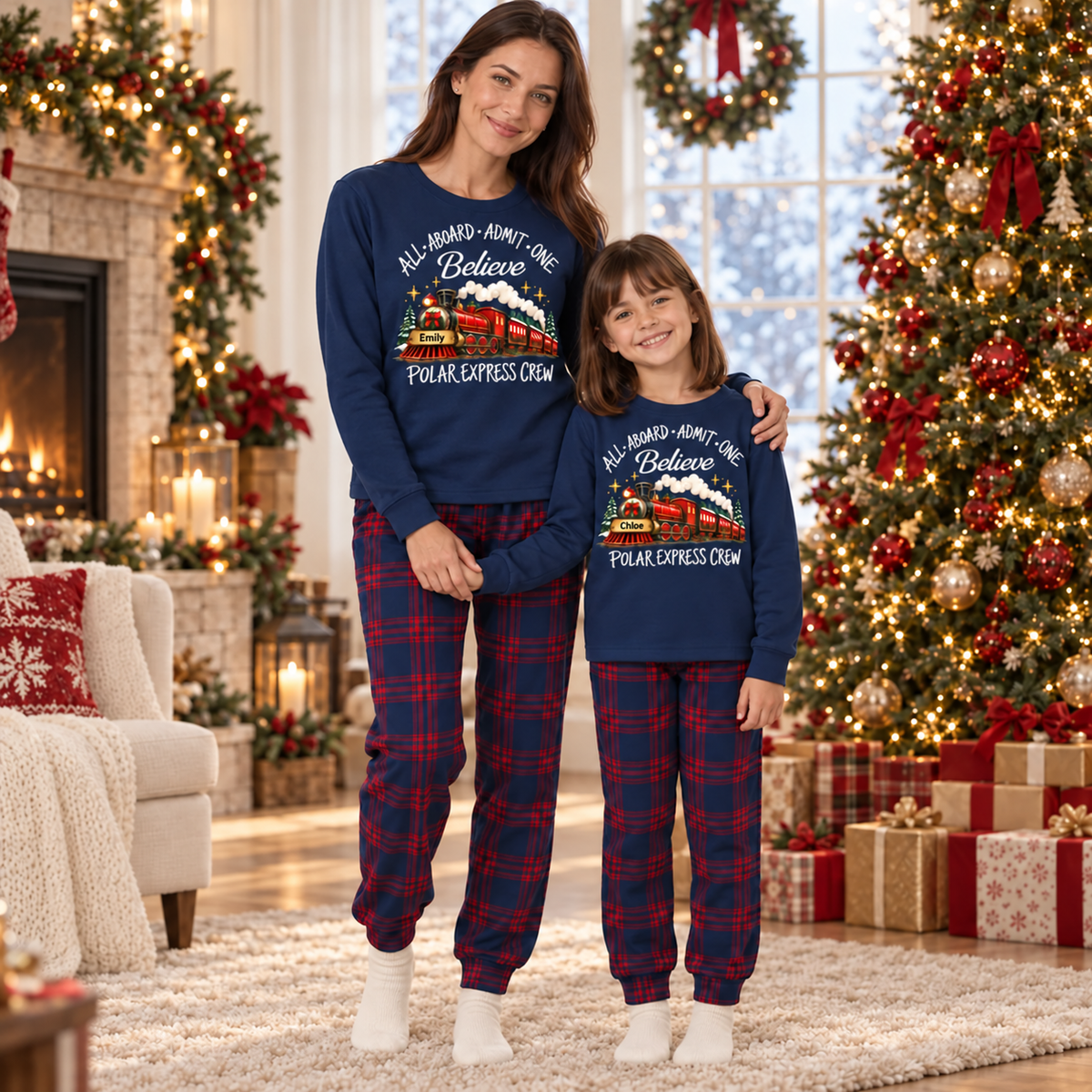 Personalized Polar Express Crew Christmas Pajama Set – Navy Plaid