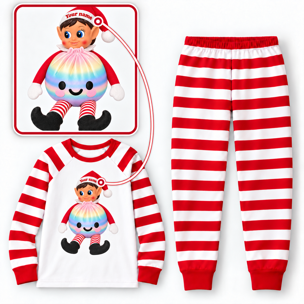 Personalized Christmas Rainbow Dumpling Elf Pajama Set – White