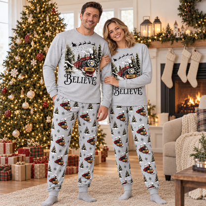 Personalized Believe Christmas Train Pajama Set – Light Gray