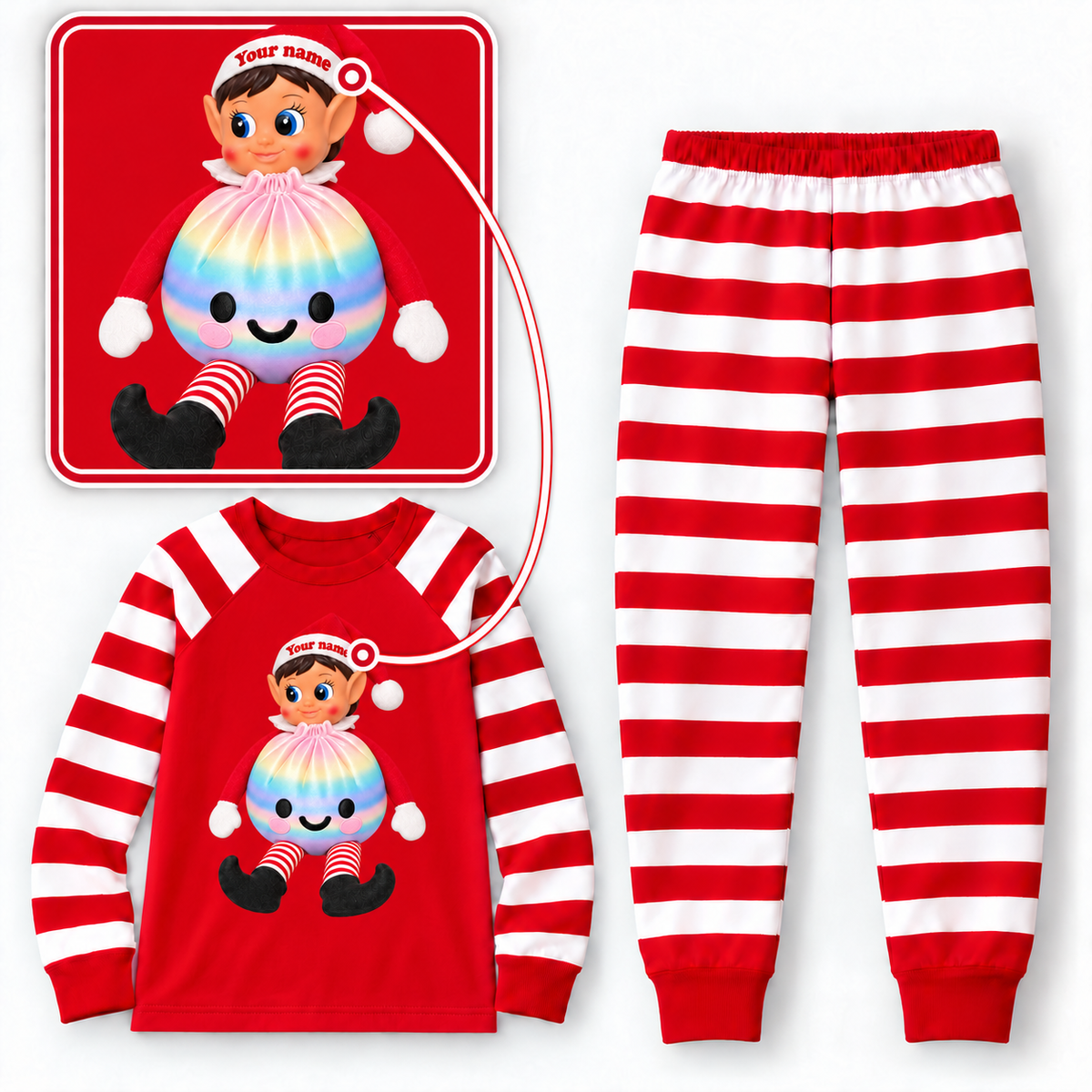 Personalized Christmas Rainbow Dumpling Elf Pajama Set – Red