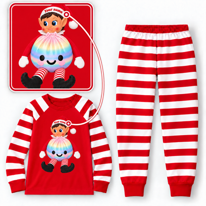 Personalized Christmas Rainbow Dumpling Elf Pajama Set – Red