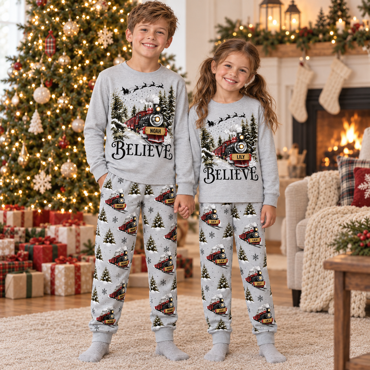 Personalized Believe Christmas Train Pajama Set – Light Gray