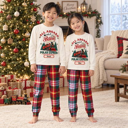 Personalized “All Aboard Believe” Christmas Train Pajama Set