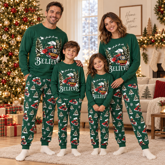 Personalized Believe Christmas Train Family Pajamas – Forest Green