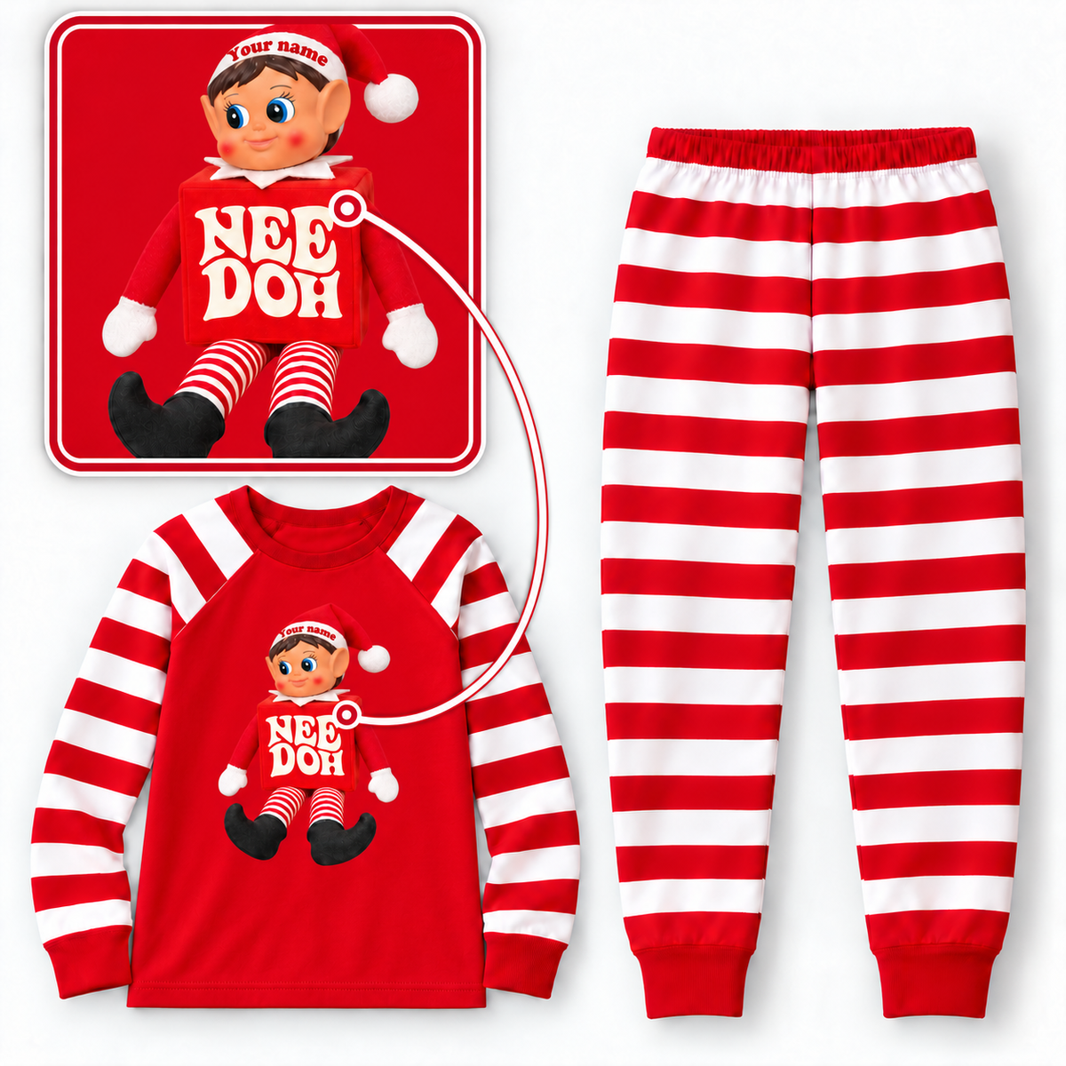 Personalized Christmas NeeDoh Elf Pajama Set – Red