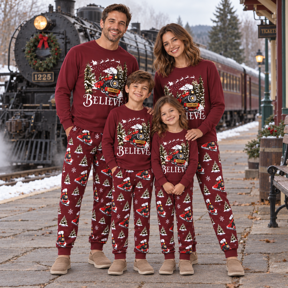 Personalized Believe Christmas Train Family Pajamas – Maroon