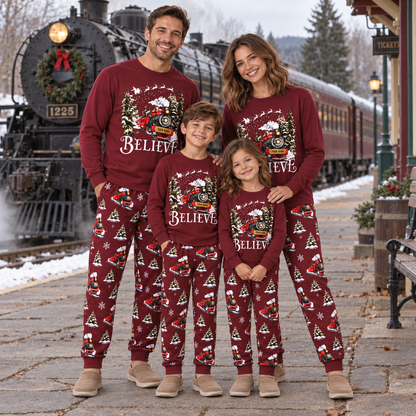 Personalized Believe Christmas Train Family Pajamas – Maroon