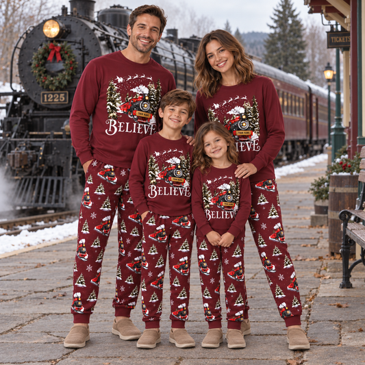Personalized Believe Christmas Train Family Pajamas – Maroon