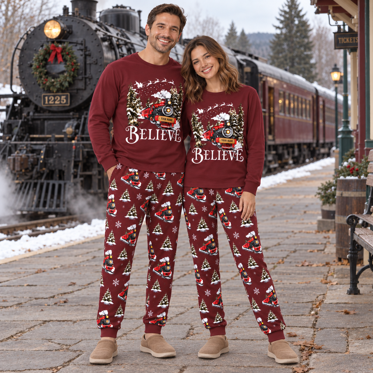 Personalized Believe Christmas Train Family Pajamas – Maroon