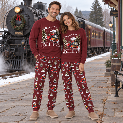 Personalized Believe Christmas Train Family Pajamas – Maroon