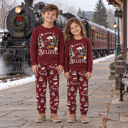 Personalized Believe Christmas Train Family Pajamas – Maroon